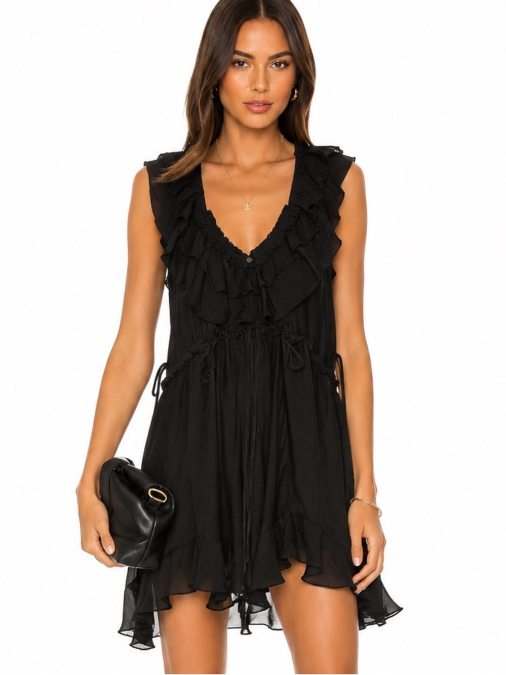 high  Black 100% Silk Ruffle Dress Made in Italy Size 10